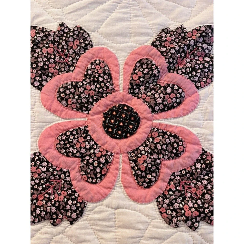 Vintage Hand Sewn Appliqué Quilt Rose Flowers 80x96” Not Used, Not Washed